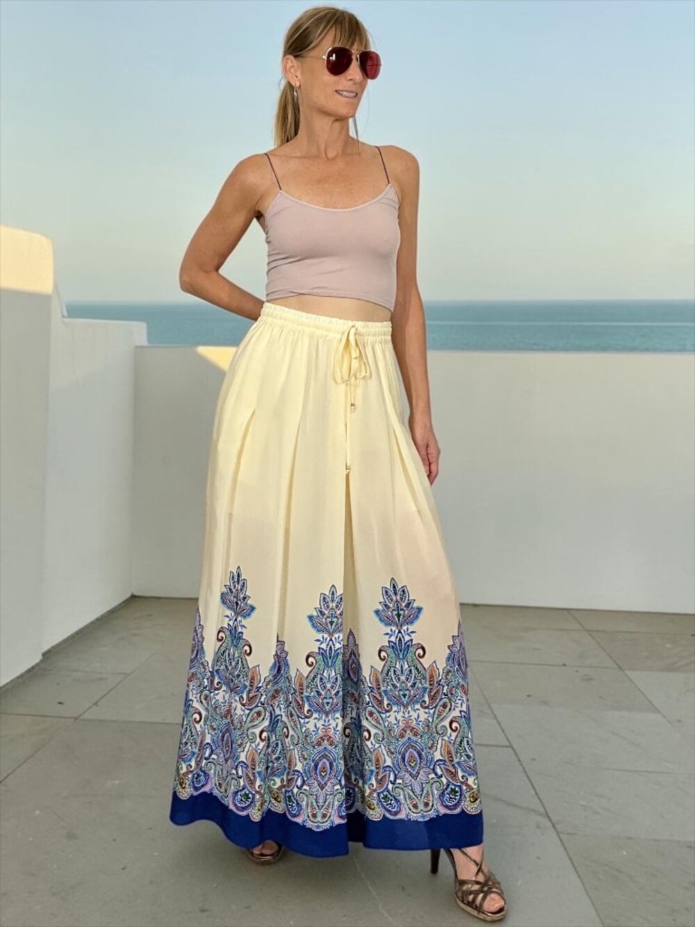 Johnny Was Workshop Silk Pleated Wide Leg M Ruta High Rise Cream Blue
